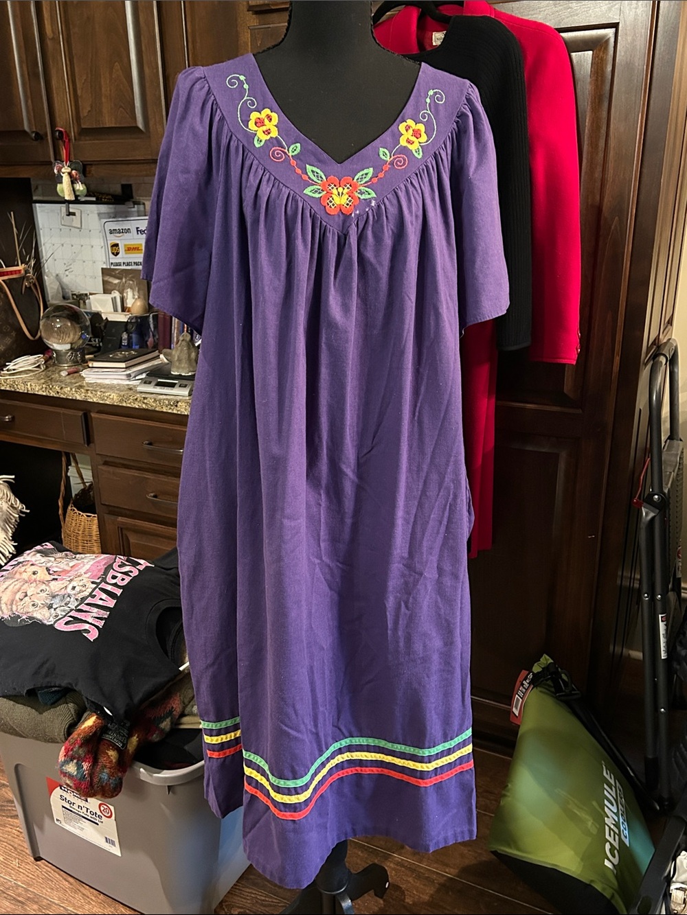 80’s Just For Women Sz 2X Purple House Dress Floral Embroidery